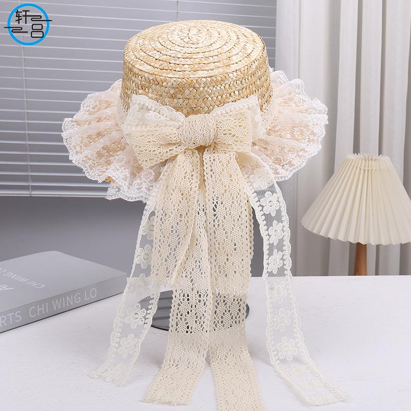 Women's Elegant Straw Hat with Lace Trim & Bow Ribbon, Fresh Style Versatile Outdoor Travel Sun Cap, Breathable UV Protection