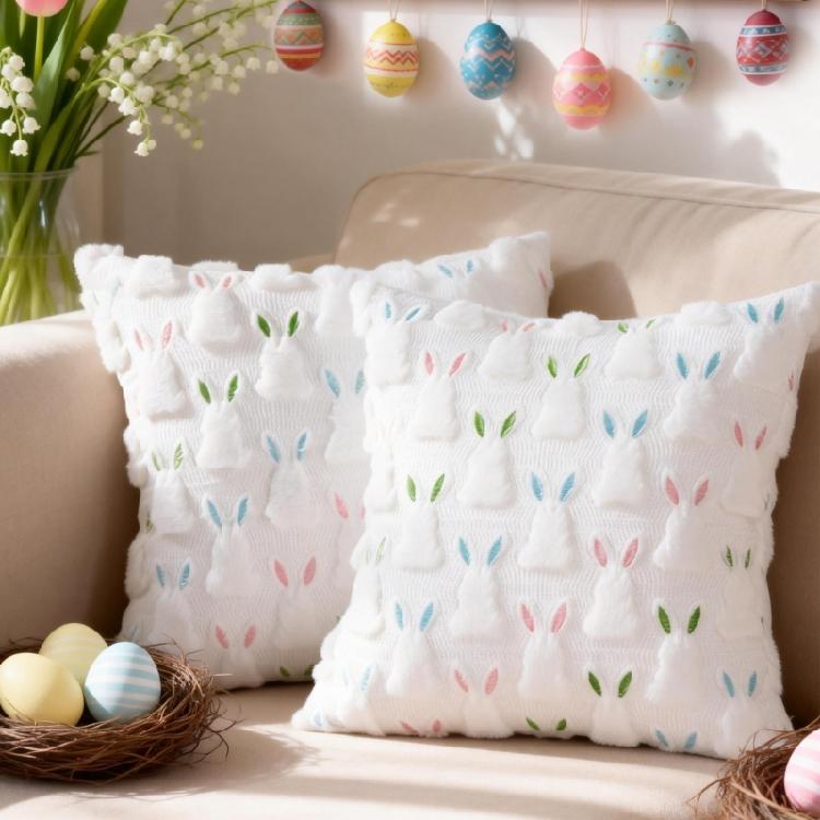 Double Pack Decorative Pillowcases Stitched Rabbit Pattern Easter Decoration Pillow Cover Soft Fabric