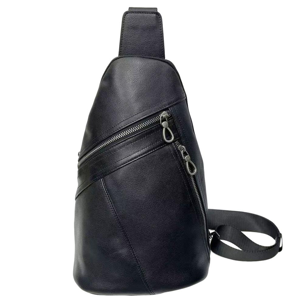 Men'S Breast Bag Cowhide Shoulder Messenger Bag Breast Bag Black Leather Men'S Bag