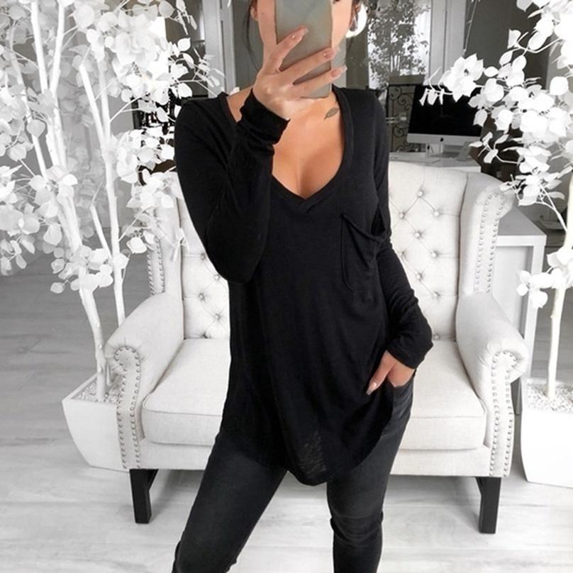 Fashion T-shirt Wild T-shirt Sexy V-neck Shirt Loose Pocket Top Casual Long Sleeve Bottoming T-shirt