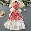 Early spring new dress women's niche elegant suit collar sleeveless waist single-breasted printed pendulum dress