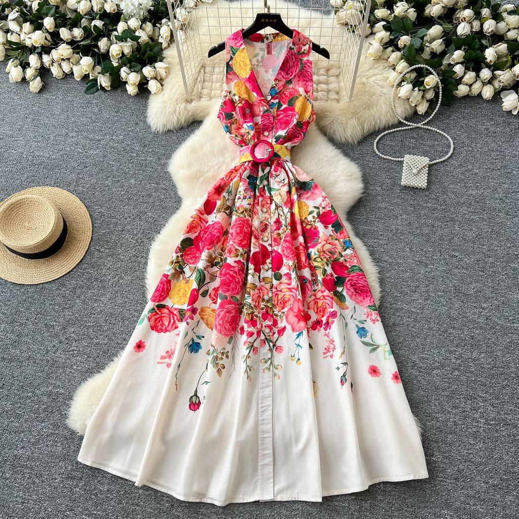 Early spring new dress women's niche elegant suit collar sleeveless waist single-breasted printed pendulum dress