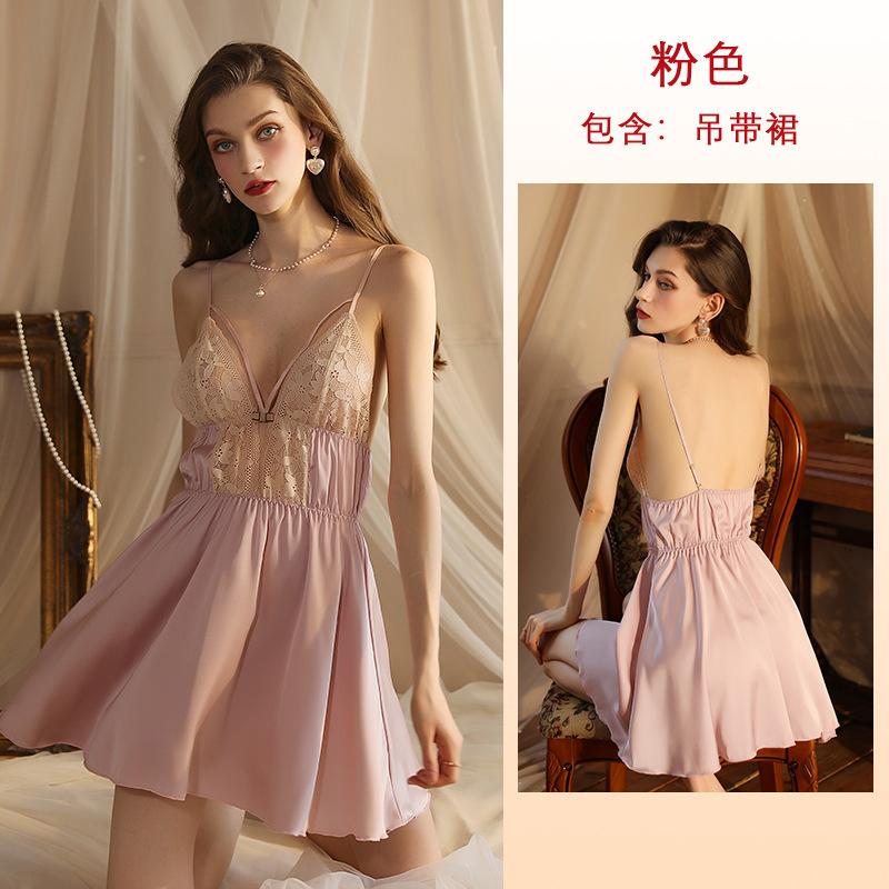 Pure Desire Sexy Lace Patchwork Cami Deep V Sweet Satin Skin-Friendly Nightgown Loungewear 417 Romantic Comfortable Sleepwear with Feminine Lace