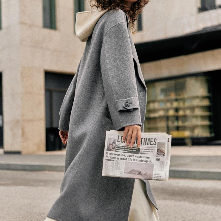 ELLE French Style Single-Breasted Faux Two-Piece Fashion Design Casual Loose Versatile Hooded Long Sleeve Double-Sided Wool Coat Soft Overcoat EN49415