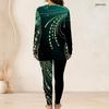 Women Plus Size Printed Light Purple Half Zip Long Sleeve Longline Top Fitted Pants Two Piece Set
