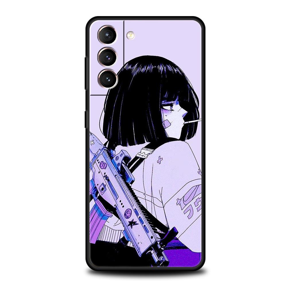 Carcasă de telefon tip fată anime în stil japonez pentru Samsung Galaxy S23 Ultra S22 S21 S20 FE 5G S10 S10E S9 S8 Plus Note 20, moale, neagră