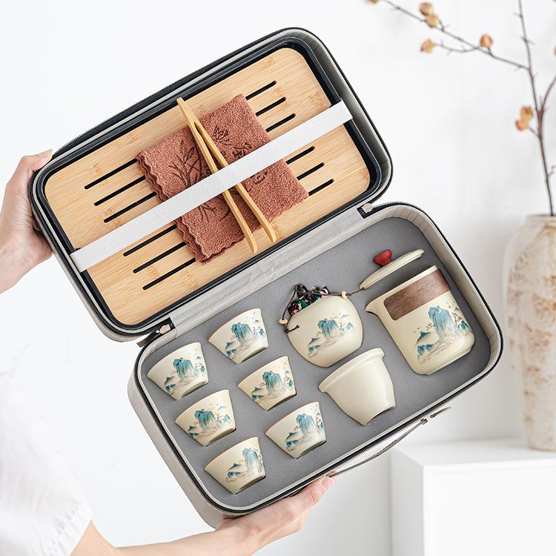 Retro glaze color travel tea set Ru kiln ancient rhyme pot set portable car express outdoor kung fu teapot