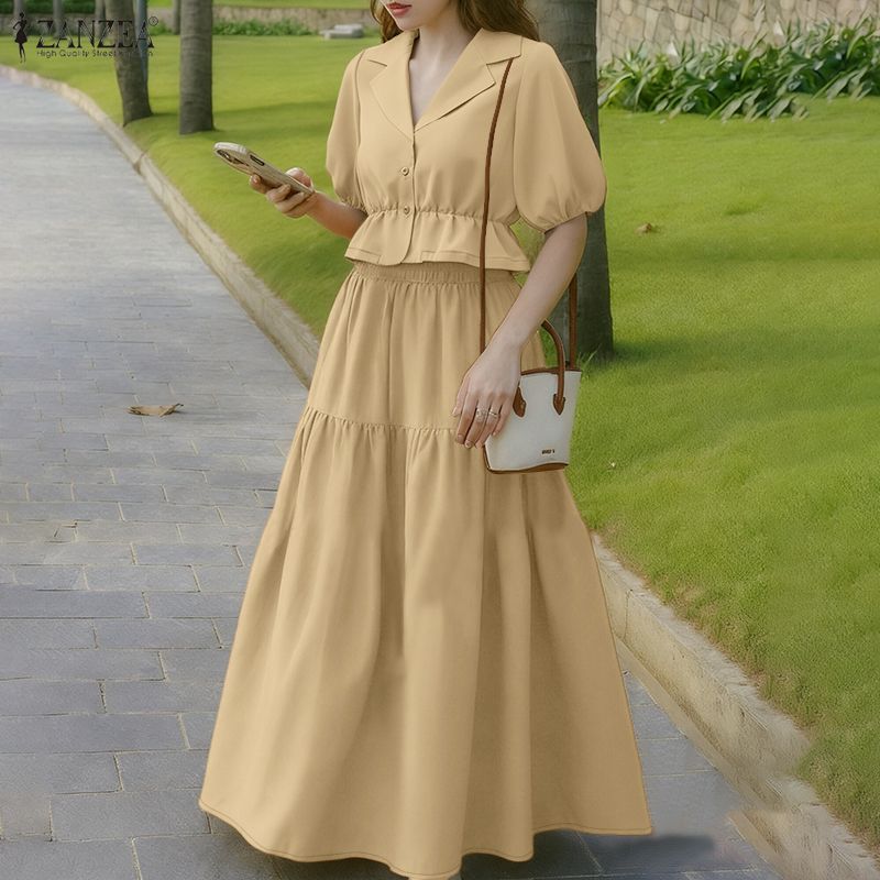 ZANZEA Women Short Sleeve Blouse and Long Skirt Casual Two Piece Suit Sets