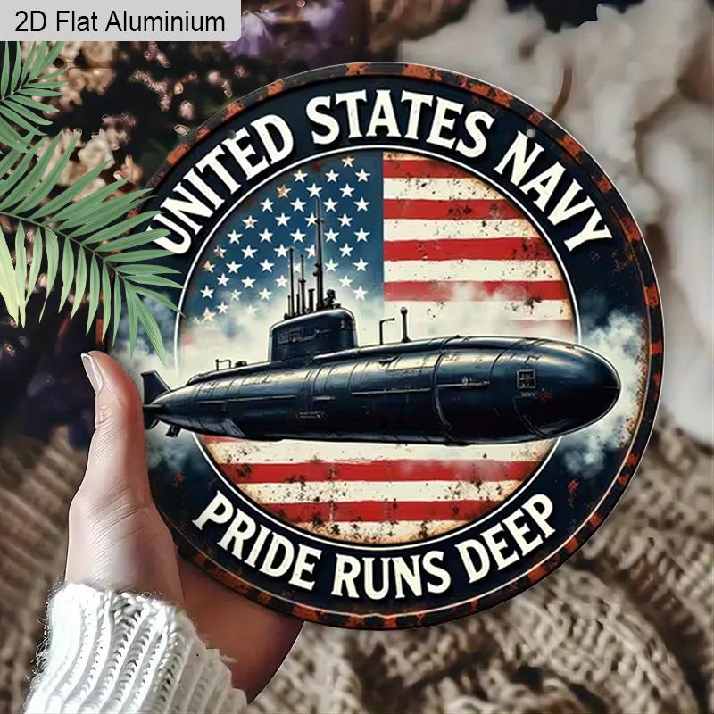 2D Flat AluminumVintage US Navy Submarine Round Metal Sign, Inspirational Spiritual Patriotic Americana Rustic Wall Decor, Pre-Drilled Holes for Easy