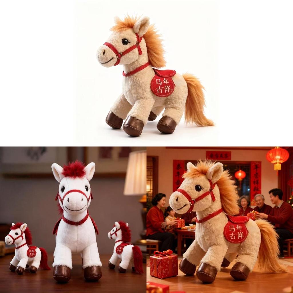 Pluche paardje gevuld met PP-katoen, ideaal als eindejaarsgeschenk of voor feestelijke gelegenheden.