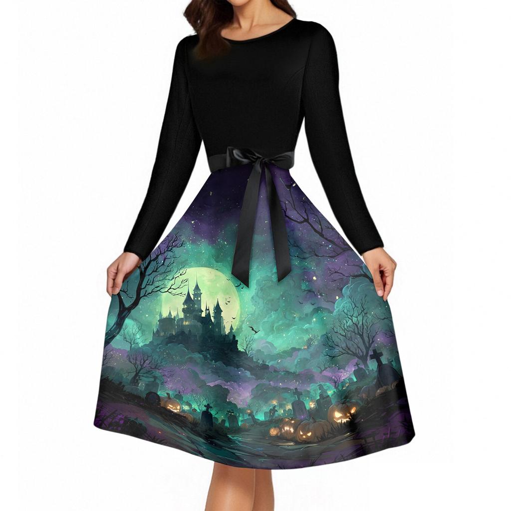 Women's Vintage Long Sleeve Round Neck Dress Halloween Printed Party Dress with Bow Waist Tie and Flared Skirt Suitable for Evening Events