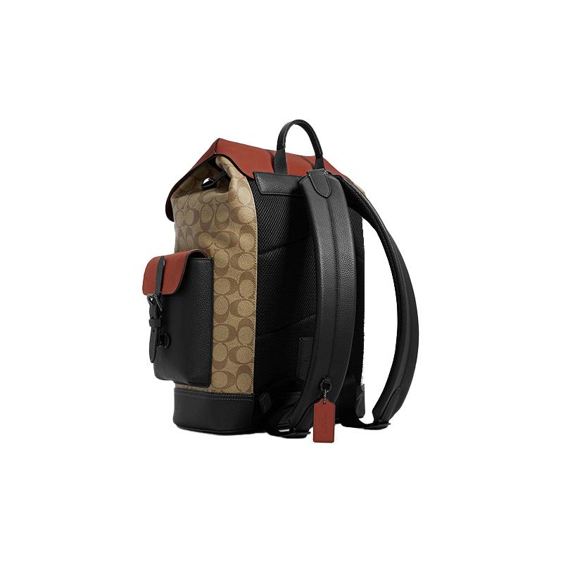 COACH Hudson 30 classic presbyopic color-blocked flip-top large-capacity canvas and leather backpack, men's khaki and black