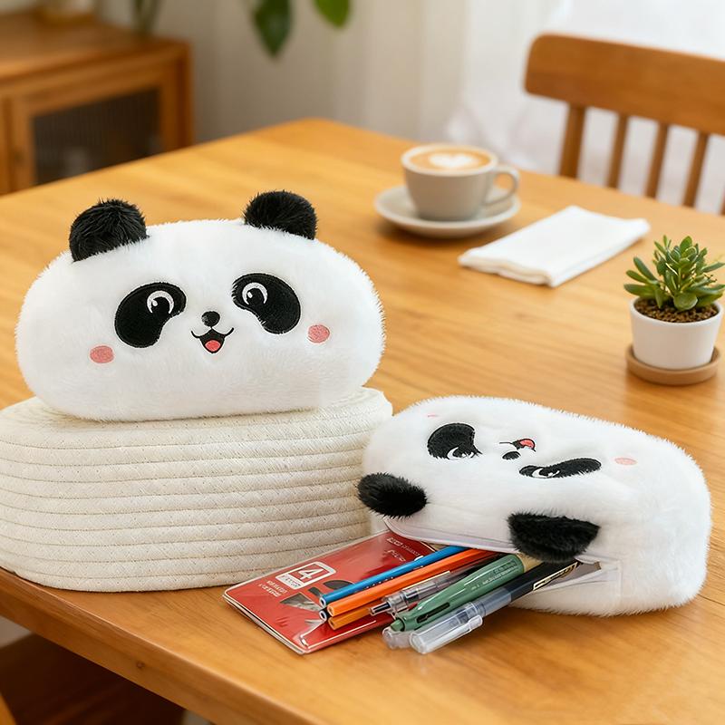 WTEMPO Panda Autumn Winter Soft Short Plush Cute Octagonal Zipper Pen Cases Makeup Storage Bags Graduation Season Back-to-school Season Gifts