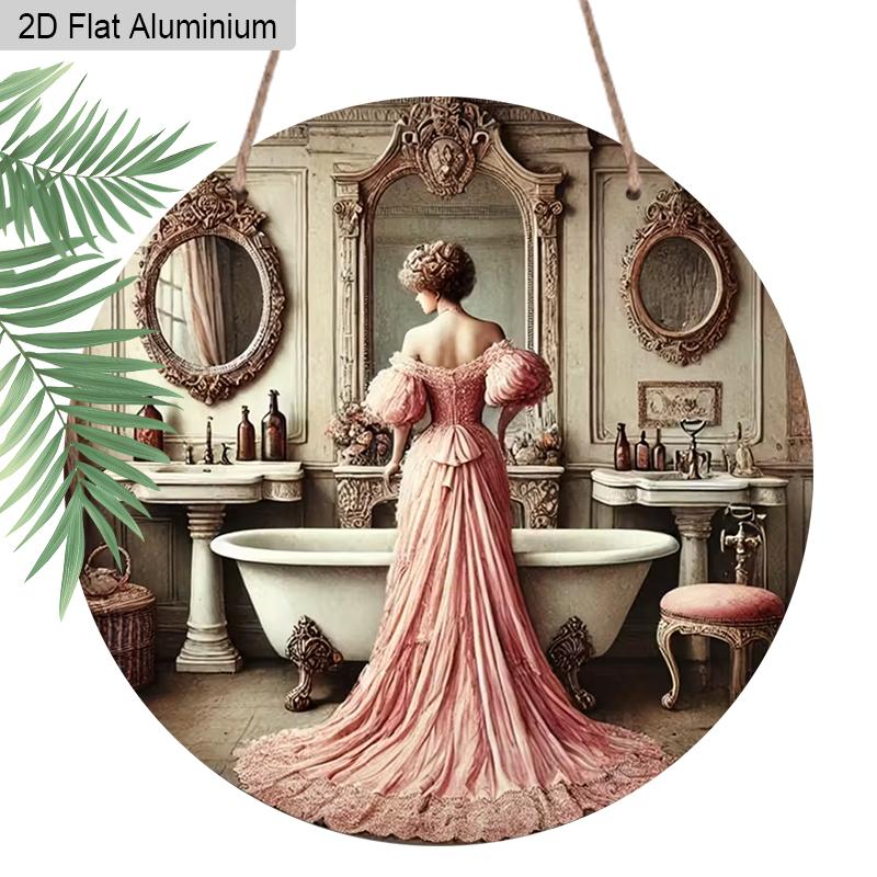 

2D Flat 1pc Vintage Pink Dress Woman Aluminum Sign Round Hanging Ornament, Home Office Garden Courtyard Bedroom Bathroom Decor, Indoor/Outdoor Door 1pc