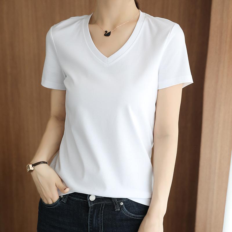 V-neck T-shirt for Women Mercerized Cotton T-shirt for Cotton Thread Short-sleeved Summer Updated Slim Versatile Half-sleeved Top