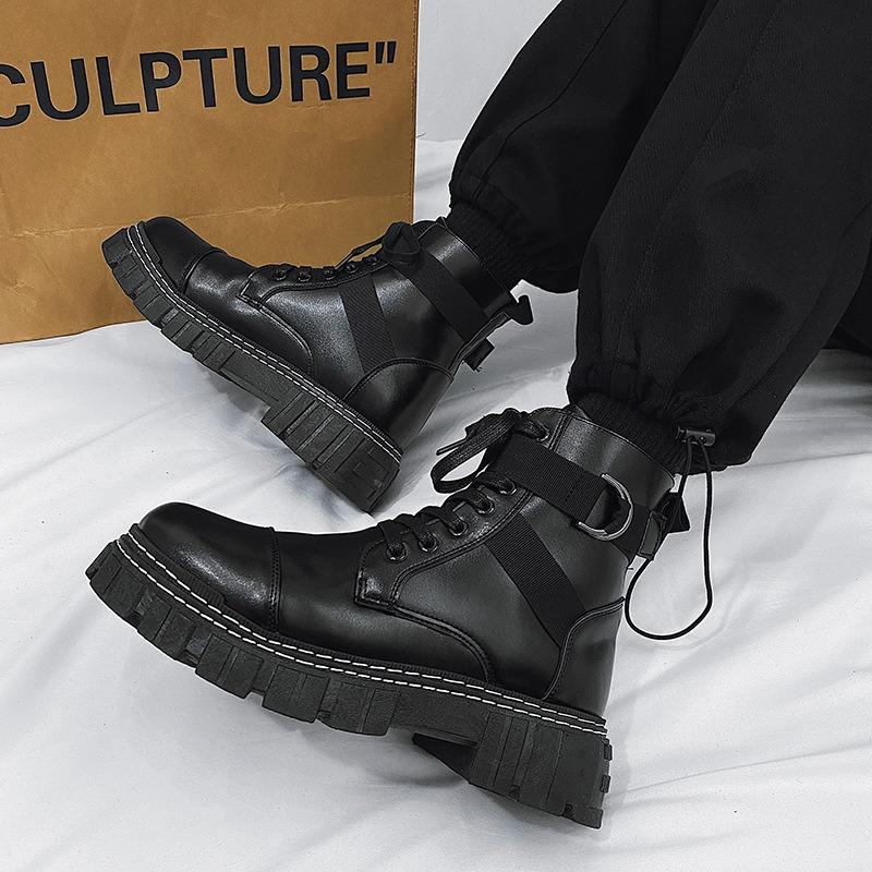 Fashion Black Leather High-top British Style Work Boots Men's Thick Bottom Non-slip Casual Sneakers Platform Boots Masculino Zapatos