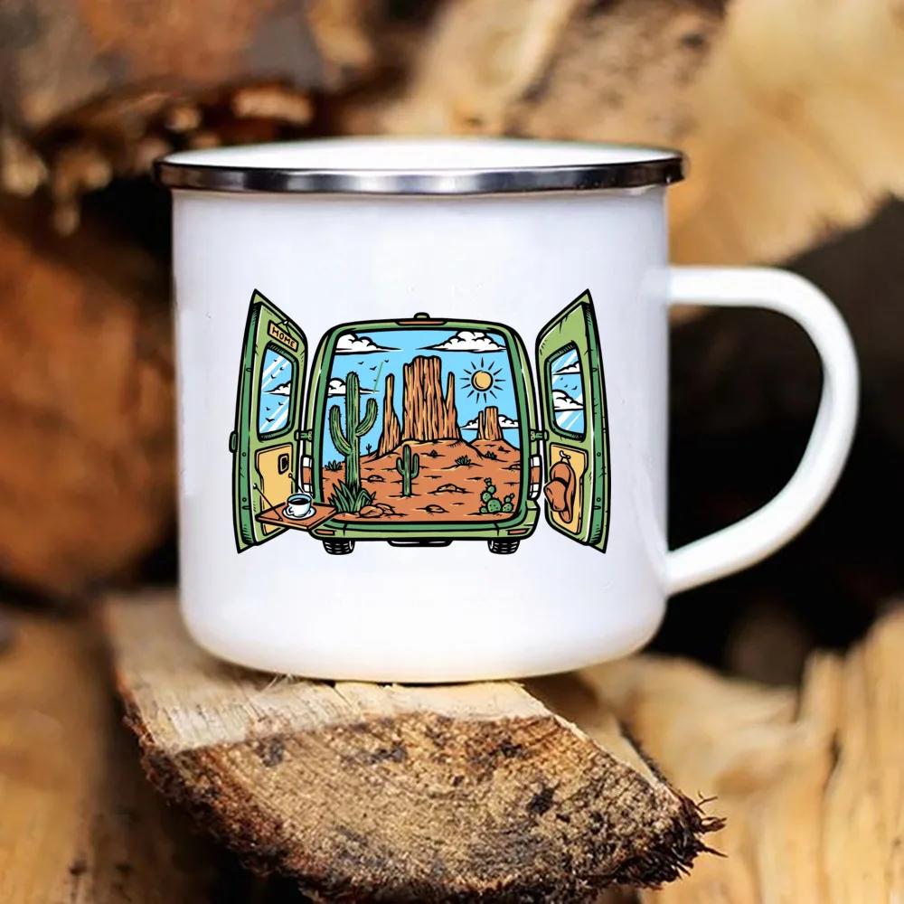 Touring Enamel Mug Caravan Printed Camper Mugs Camping Enamel Mug Adventure Campfire Party Beer Juice Cup Gifts for Camper