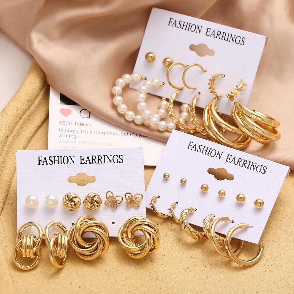 IF ME Fashion Butterfly Gold Earring Set Retro Pearl Pendant Stud Earrings Women Jewelry Accessories