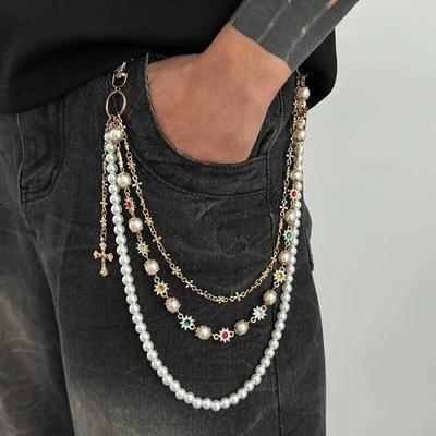 SHIXIN Exquisite Luxury Imitation Pearl Waist Chain Wallet Belt Chain Men Women HipHop Trousers Hipster Pant Chain Keychain