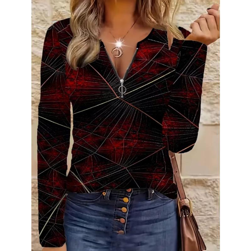 Elegantes Damenoberteil mit Reißverschluss und Print, langärmelig, stilvoll und vielseitig für Herbst und Winter, Freizeit- und Bürokleidung, maschinenwaschbar