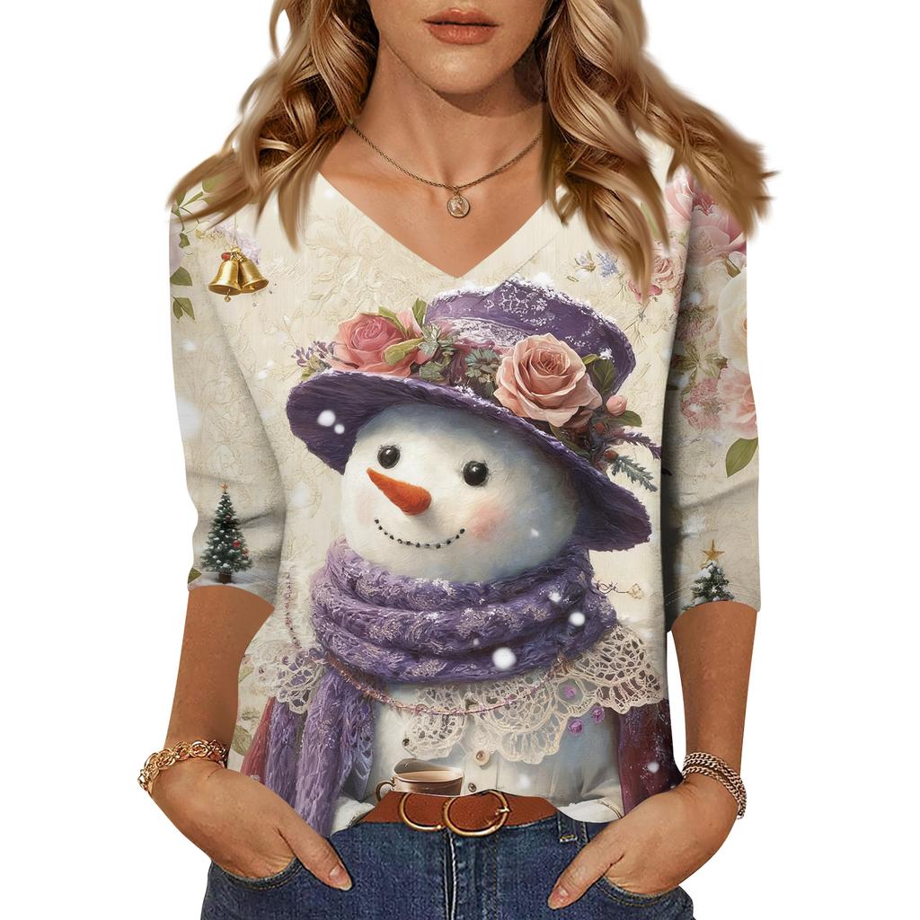 3/4 Sleeve Shirts For Women Print Christmas Tees Blouses Casual Plus Size Basic Tops Pullover