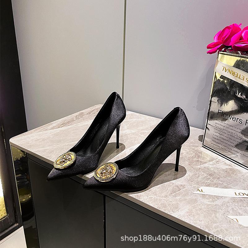 French Black High Heels Women's 2025 New Temperament Muse Fan Stiletto Pointed Sexy Single Shoes Versatile Stiletto