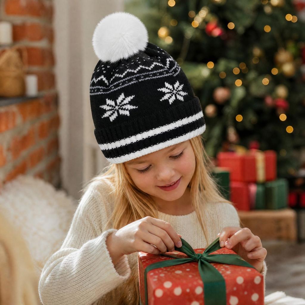 Unisex Kids Warm Knitted Winter Hat with Snowflake Pattern for Christmas