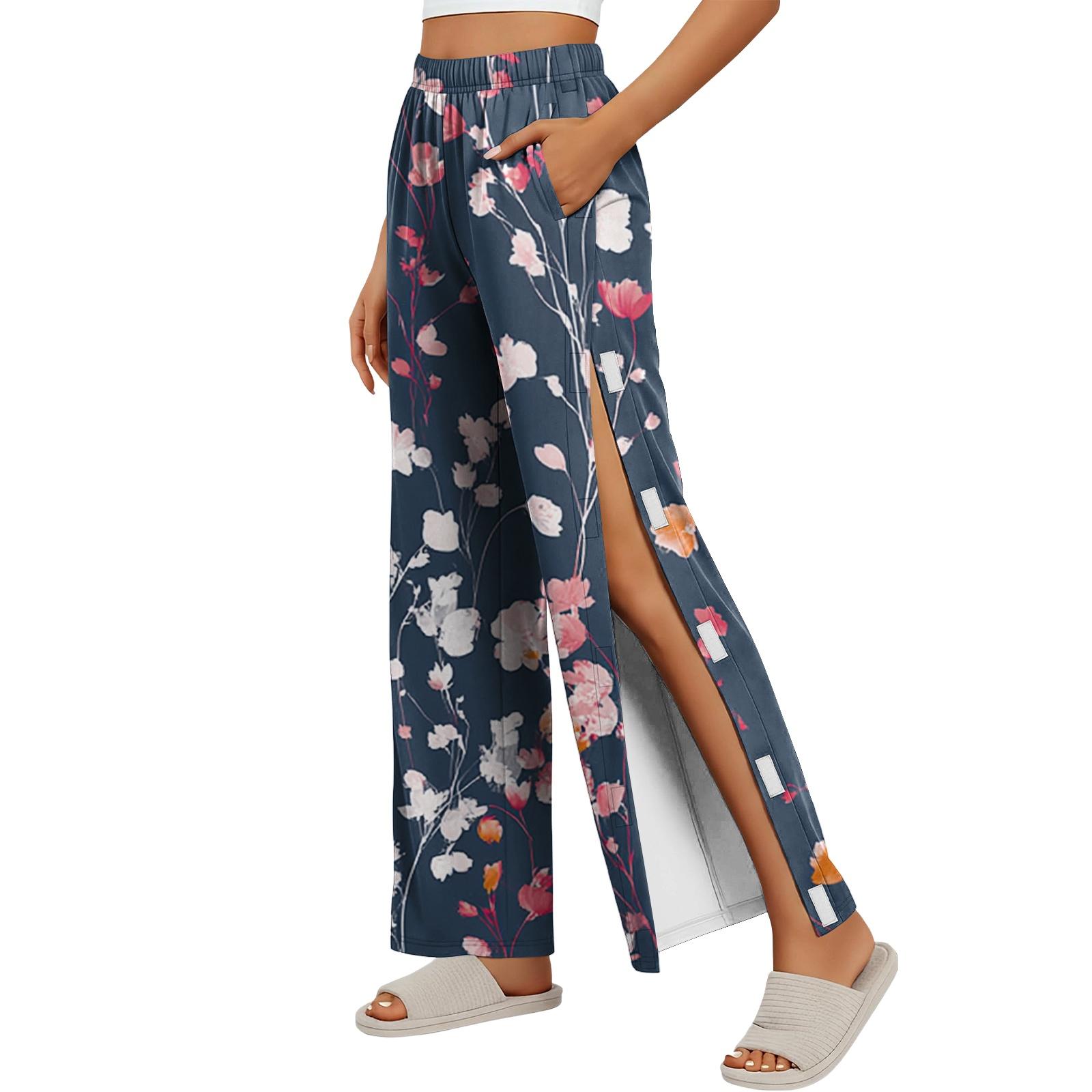 

Women Floral Side Velcro Closure Easy Open Post Surgery Recovery Long Pants Elastic Waistband Soft Fabric Comfortable Fit XXL
