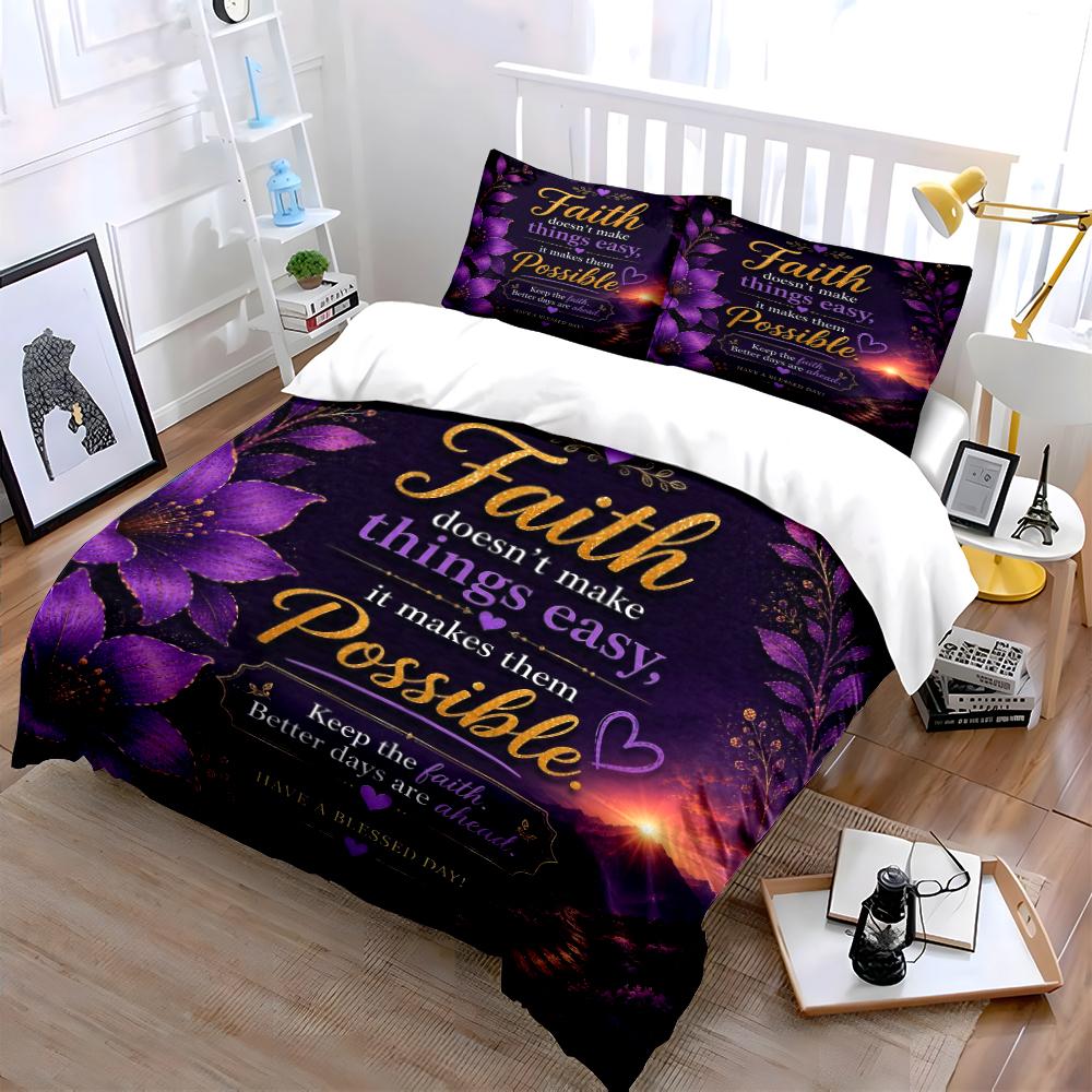 Faith-Inspired Purple Floral Bedding Set Bedding set (1 duvet cover, 2 pillowcases, duvet not included)