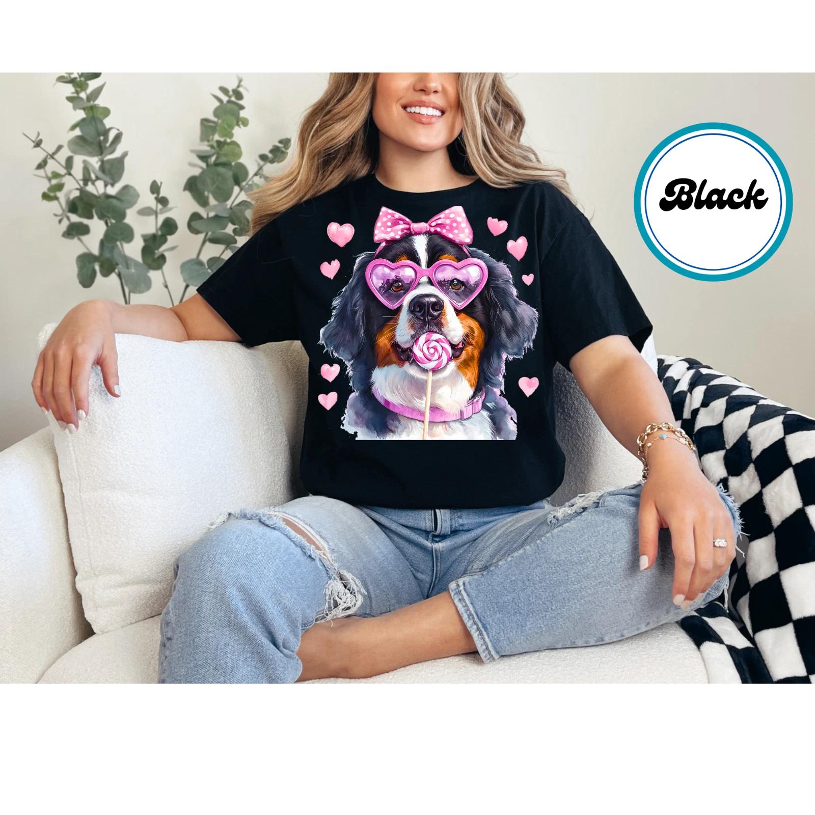 Women s Cute Valentine Bernese Shirt Trendy Mountain Puppy Dog Coquette Shirt 2XL