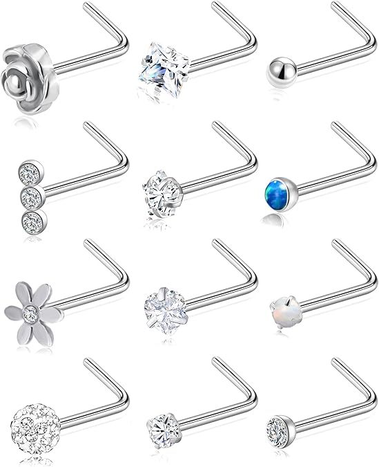 G23 Titanium Nose Ring Studs L Shaped Nose Studs CZ Ball Flower Human Made Opal Heart Titanium Nostril Piercing Jewelry серебряный