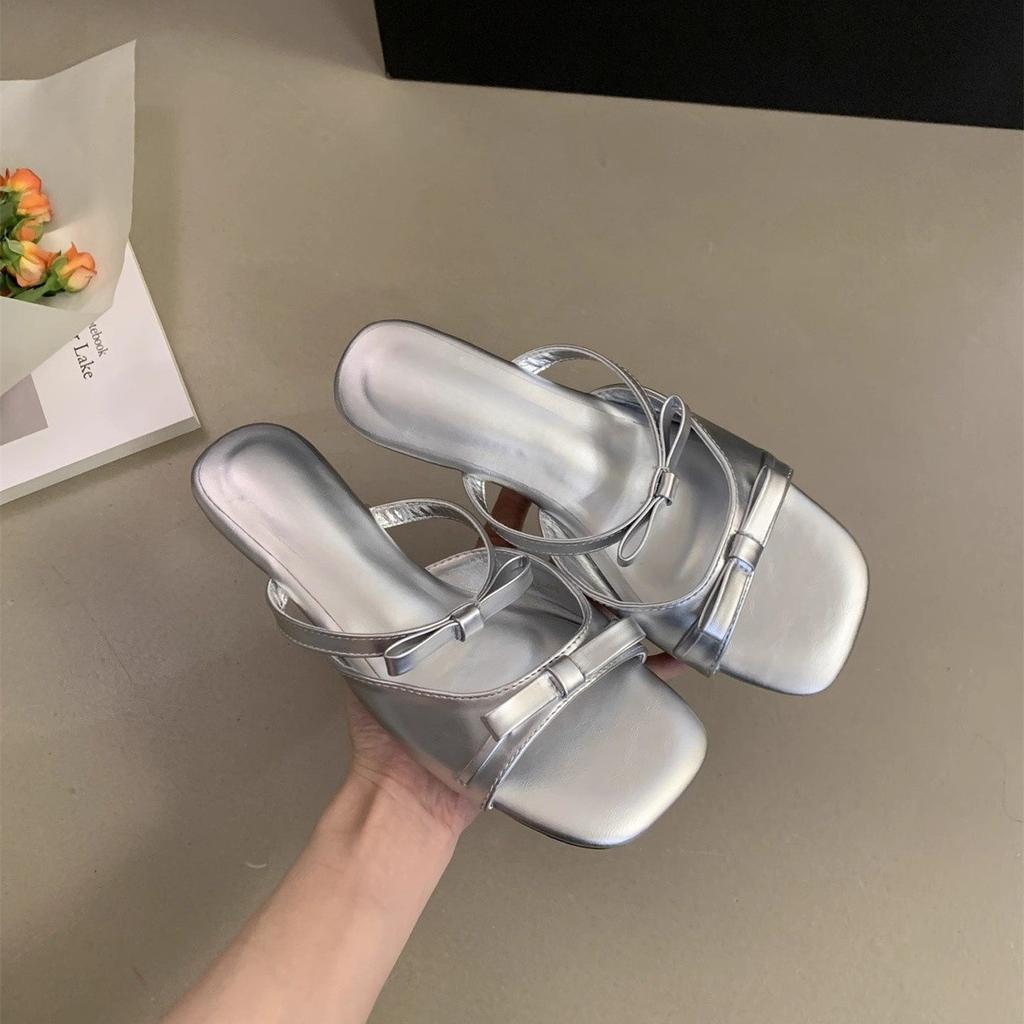 French wedge heel beautiful slippers women's summer wear 2025 new bow fairy sandals holiday with skirt cool slippers