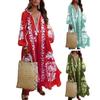Fließender Saum Bohemian Maxikleid Damen Tiefer V-Ausschnitt Oversized Langarm Strandurlaub Blumendruck Retro Quaste Sommer A-Linien-Kleid
