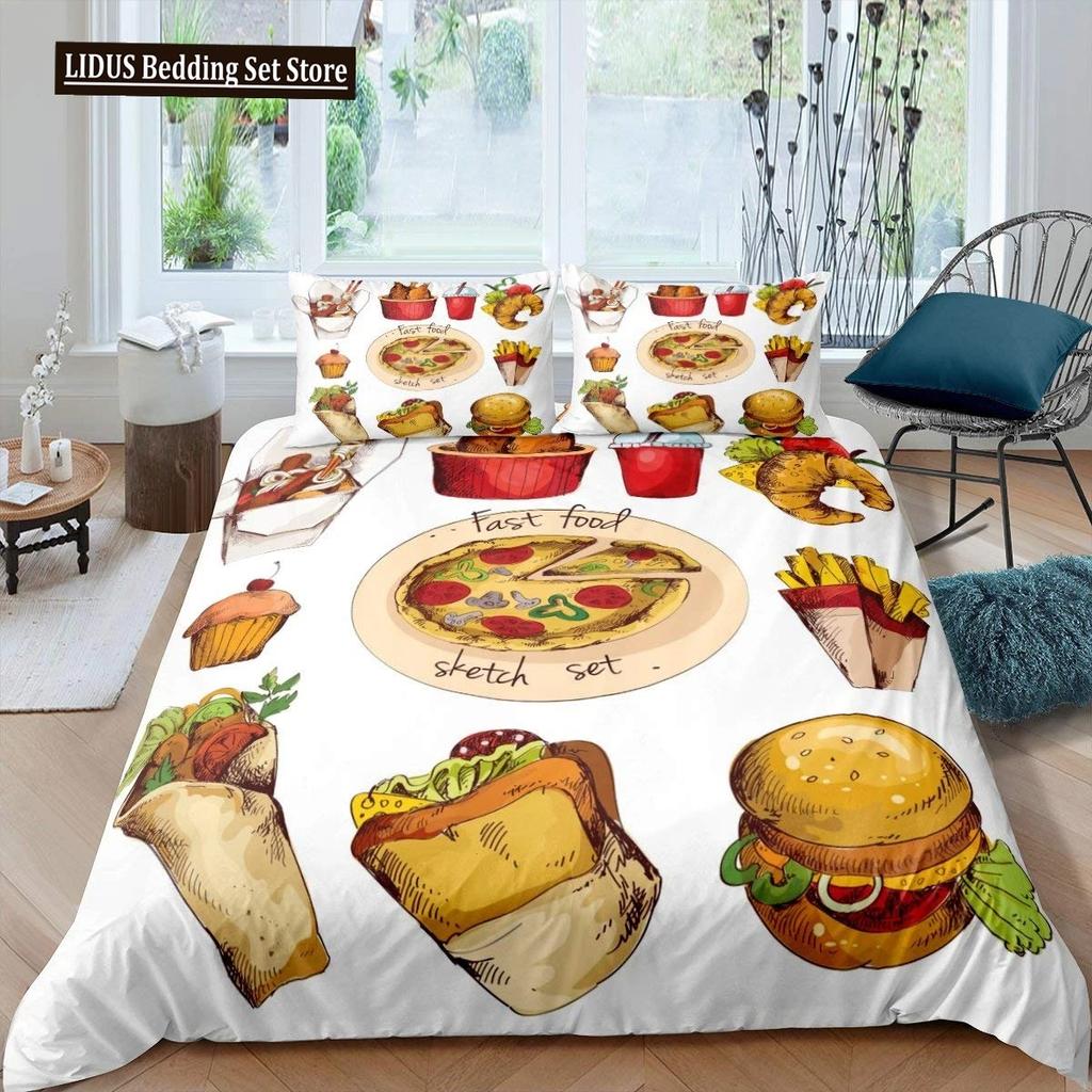 Amerikanisches Fast Food Bettbezug Set Doppelgröße Pizza Hotdog Bettdeckenbezug Hamburger Print Bettwäsche Set Pommes Quiltbezug