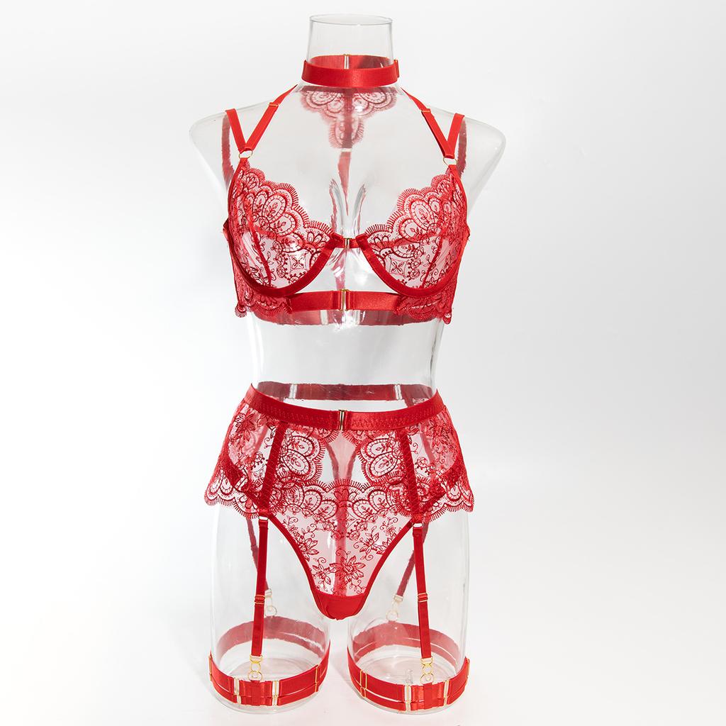 Women's Lingerie Sets with Garter Belt 3 Piece Sexy Lace High Waist Bra and Panty Set Push Up Exotic Sleepwear