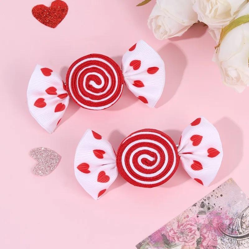 

1 Pair Children Sweetheart Lollipop Hair Clip Cute Heart Print Bow Hair Accessory Korean Fashion Chic Fun Girl Hair Accessoires червоний