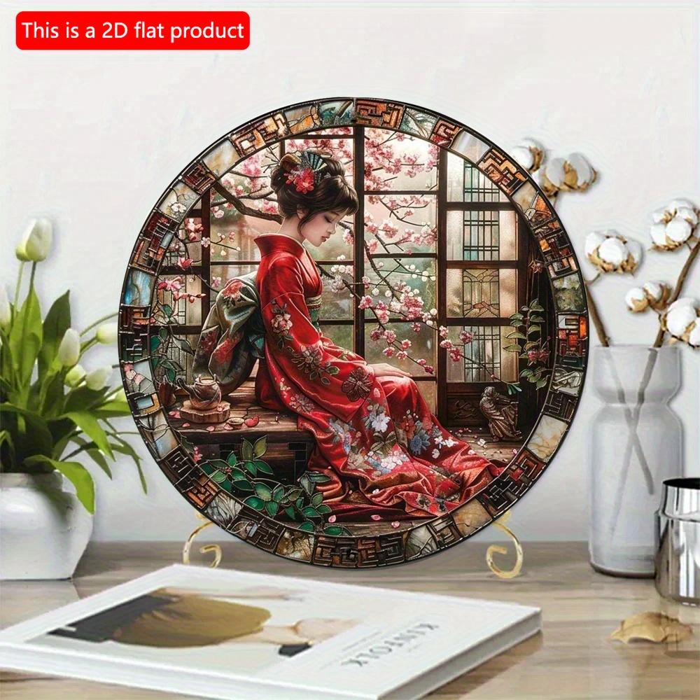 2d Flat 20*20cm, Round Wooden Wall Sign Art, Japanese Kimono Decorative, Entrance Decor Gift, Home Crafts, for Bar, Cafe, Club, Home, Room Wall Decor.