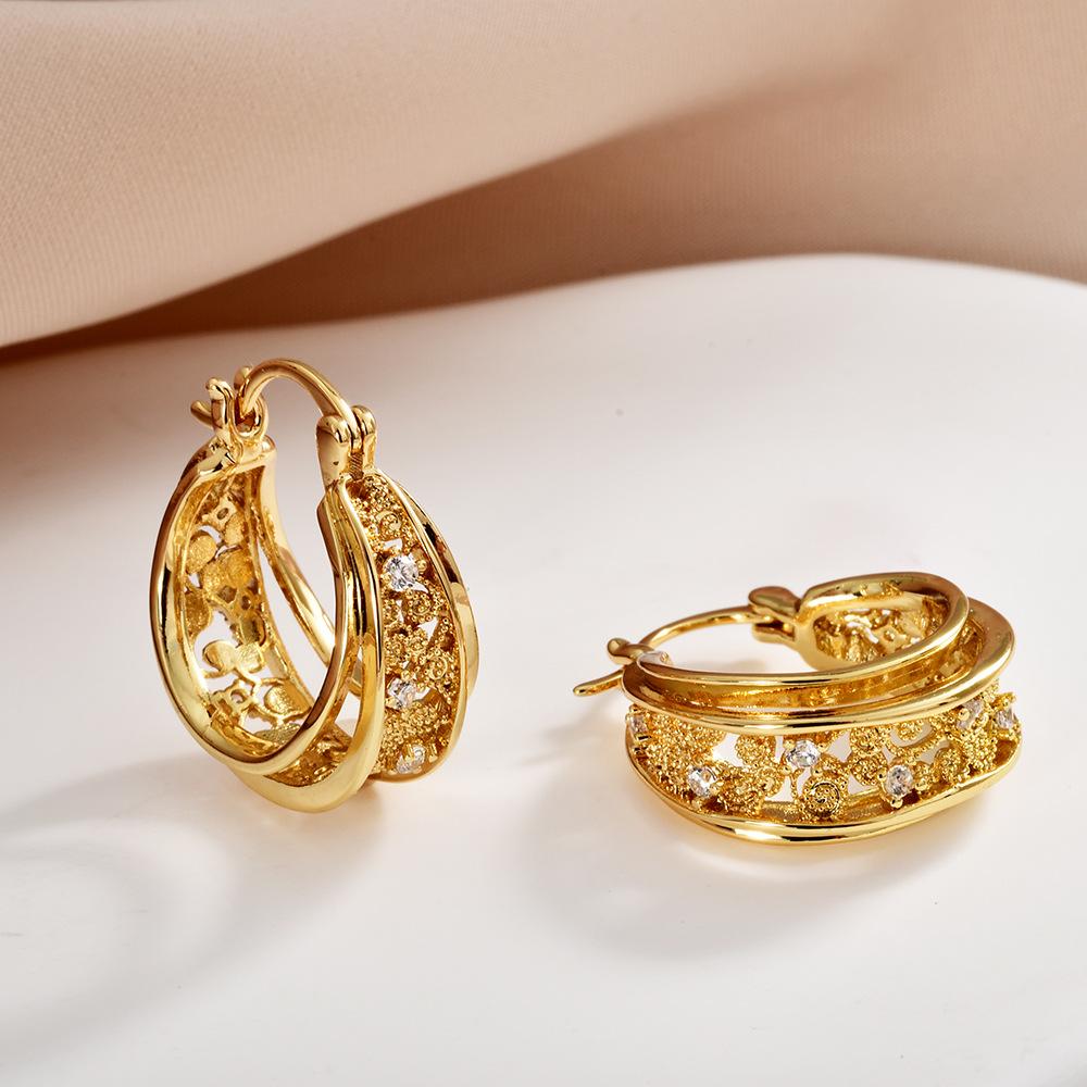 2026 Trendy Hollow-out Hoop Earrings Zircon Inlaid Champagne Gold Triple Layer Ear Buckles for Women