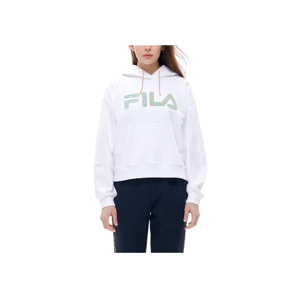 FILA Fusion Logo Print Loose Fit Cropped Hoodie Retro American Sweatshirt Women hoodies White T11W213203F-WT