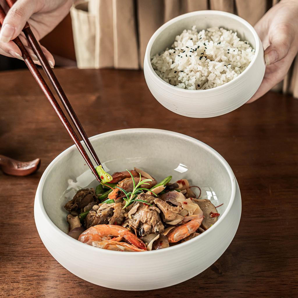 Solid Color Ceramic Bowl Tableware Set Combination Household Vegetable Plate Rice Bowl Round Large Bowl Fruit Bowl Salad Bowl