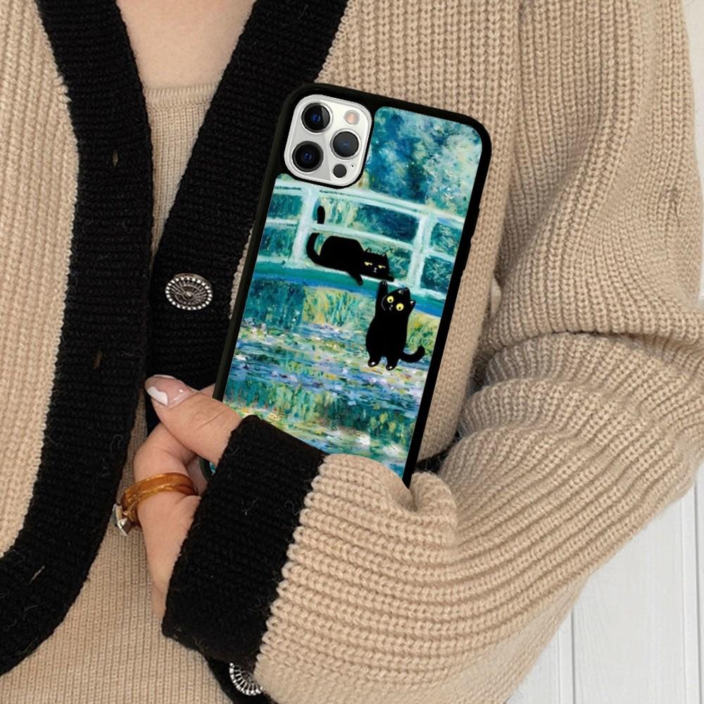 Cartoon Animal Black Cat Oil Painting Phone Case Silicone PC+TPU For For iPhone  11 12 13 14 15 16 Plus Pro Max Cover