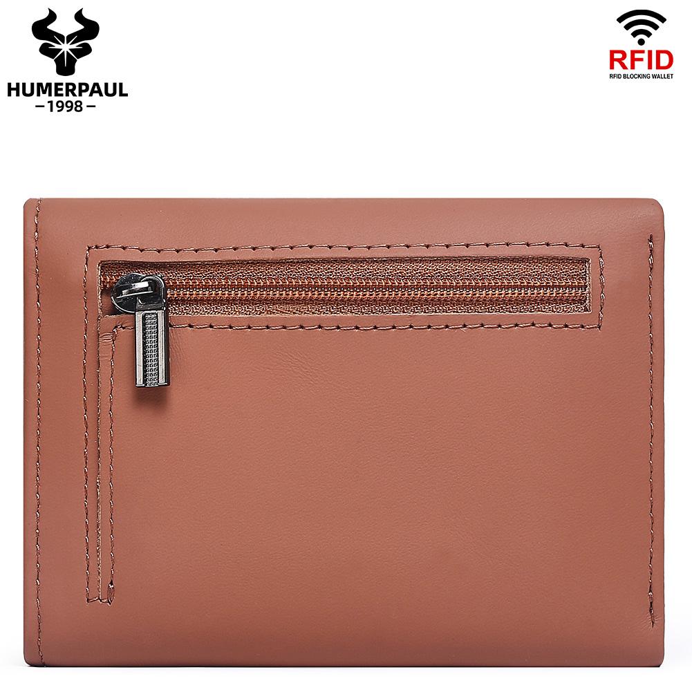 Humerpaul Ladies First Layer Cowhide Three-folding Wallet RFID Anti-theft Brush Portable Wallet Multi-card Slot Large-capacity Multi-compartment