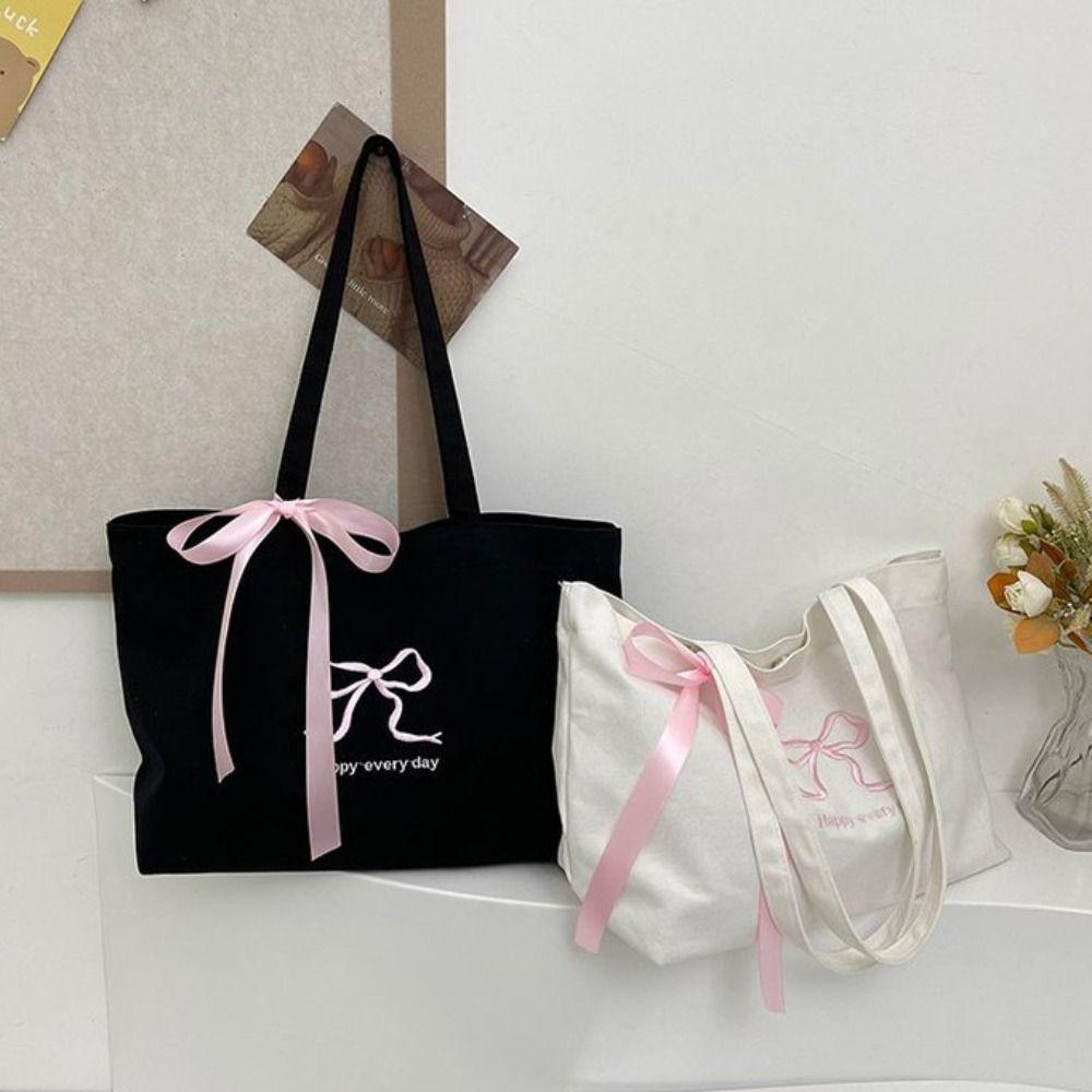 

Commute Embroidery Bow Tote Bag Canvas Balletcore Handbag Simple Ribbon Bow Shoulder Bag Unisex белый