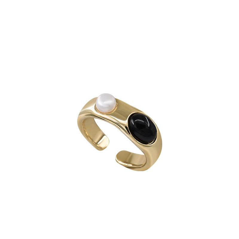 Geometric Stylish Vintage Black Agate Ring Modern Adjustable Copper Ring For Women