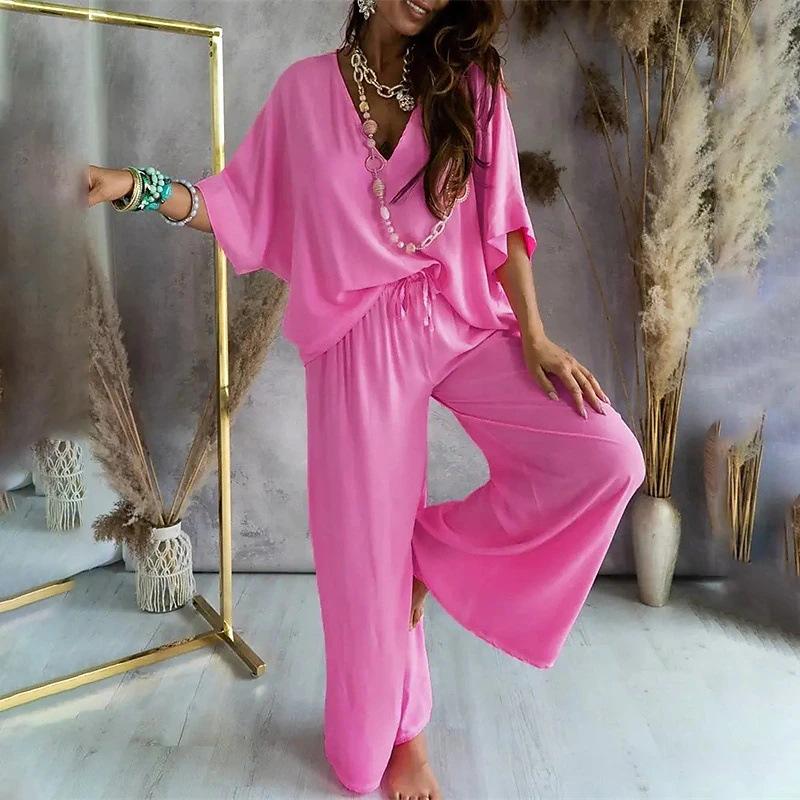 Women's 2-Piece Breathable Home Clothes Set: V-Line Top & Elastic Waist Trousers for Spring, Autumn, and Winter.