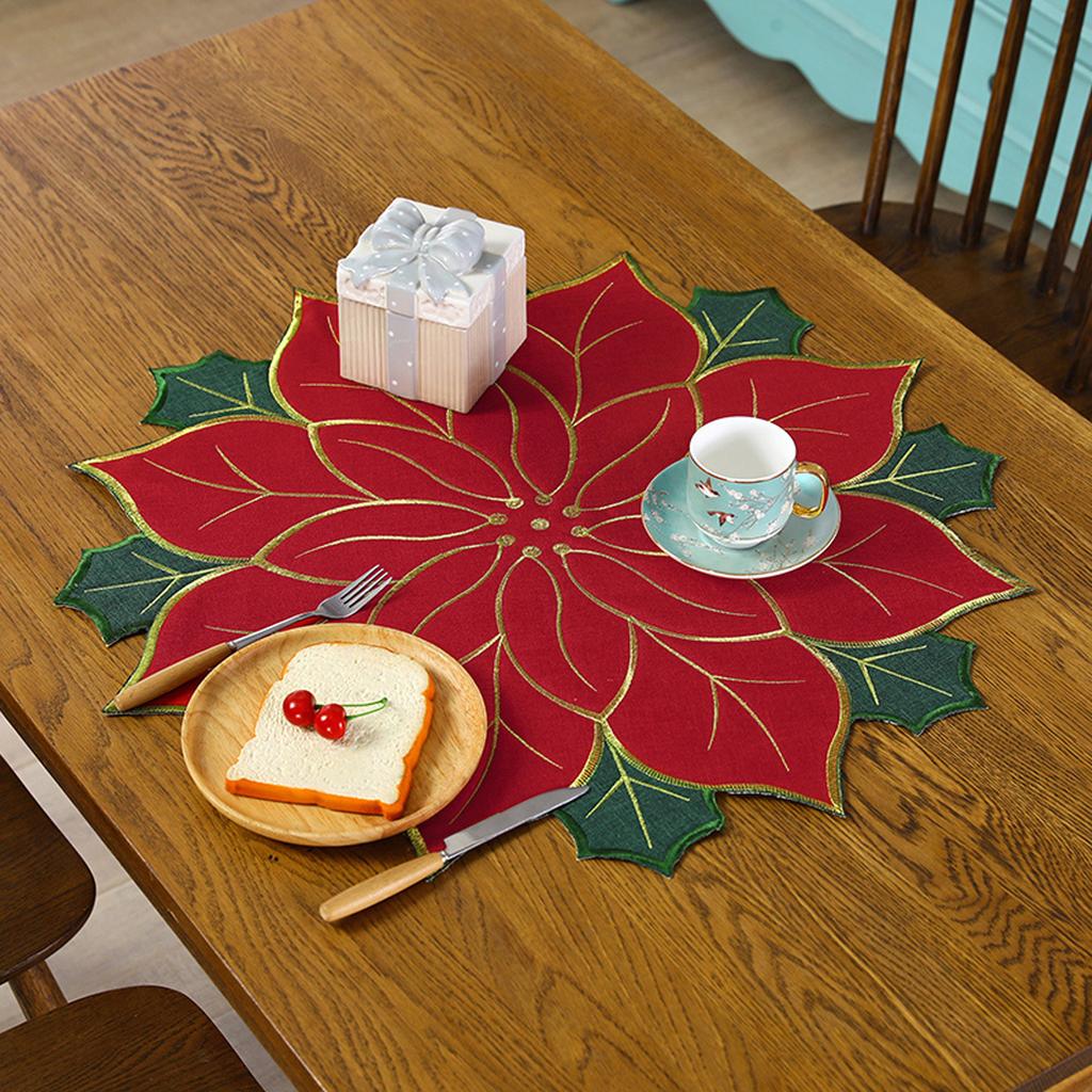 Xmas Table Top Decor Mat Double Layers Applique and Embroidery Xmas Flowers Decorative Table Mat