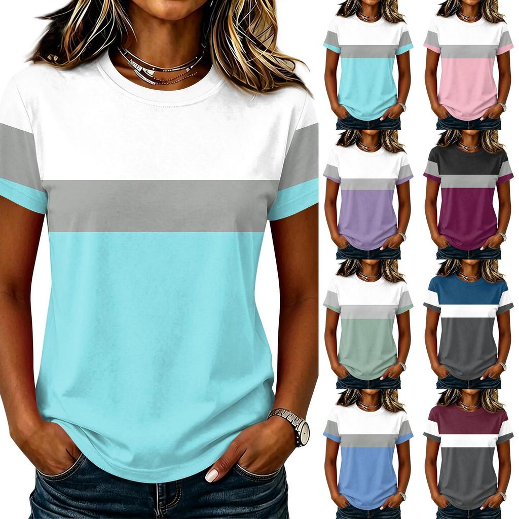 Women's Casual Pullover Short Sleeve T Shirt Color Block Printed Top Crew Neck Lightweight Soft Fabric