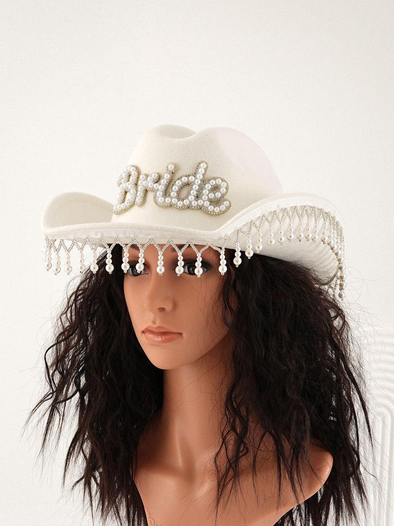 Women's Crystal Tassel Denim Bridal Hat with Pearls and Diamonds