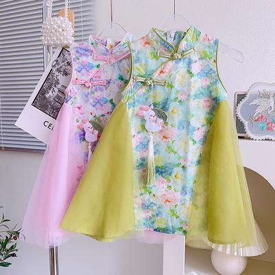 Girls Summer Chinese Mesh Princess Vest Dress Improved Cheongsam Dress