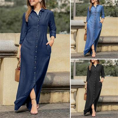 Women's Fashion Casual  Solid Color Lapel Single-Breasted Panel Straight Long Sleeve Loose Pocket  Cotton Shirt Long-dress